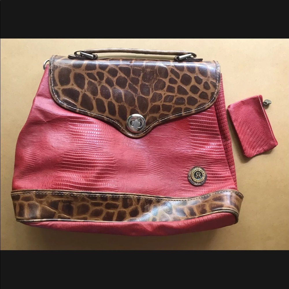 Rare Roberto Roma Leather Clutch Handbag Purse Red Brown Snake Reptile Print